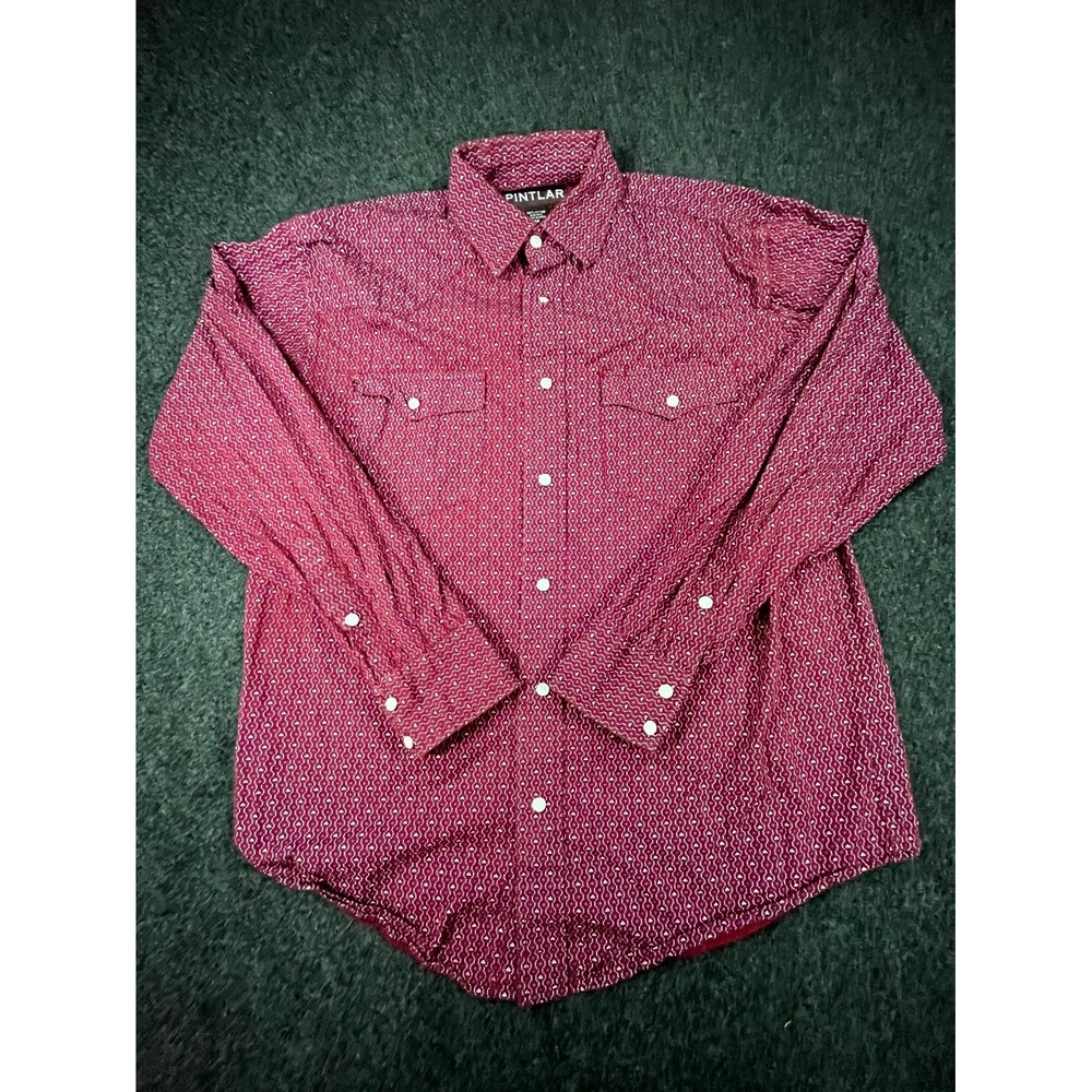 Pintlar Western Shirt Mens Medium Burgundy Cotton‎ Geometric Pearl Snap Cowboy